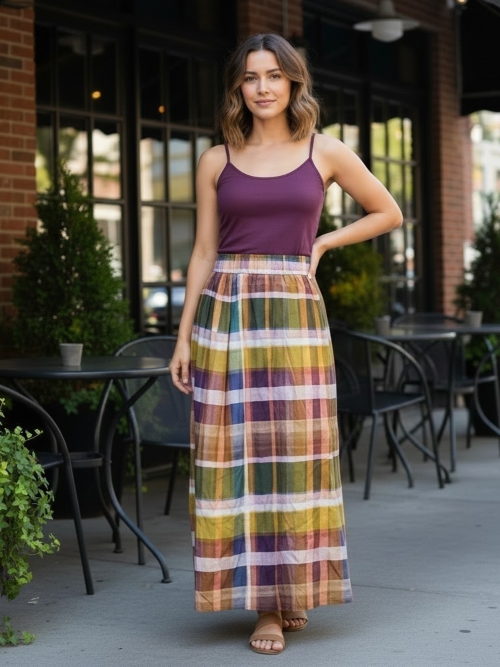 Marie Oliver Cambrie Motion Plaid Elastic Waist Skirt Size Large